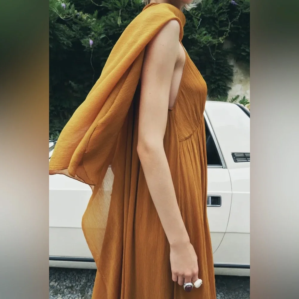 Zara dress maxi cape mustard yellow flowy kimono kaftan boho summer - Picture 7 of 11